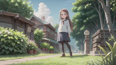 (masterpiece),  town,  blue sky,  one girl,  smile,  alone,  sailor suit, long skirt,  overgrown,  petal,  plant、skirt lining、tr...