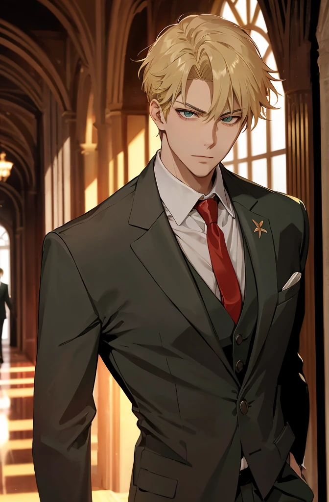 1man, solo, upper body, loidforger man with light green three-piece suit with a red tie run in corridor palace germany, blonde, blurry background, dramatic, dynamic pose, spy x family, secret agent, bokeh,
