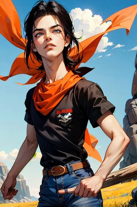 (8k, best quality, masterpiece:1.2),blue sky,rocky grassfields,1boy,android 17, (black shirt), orange bandana, jeans,brown belt,...