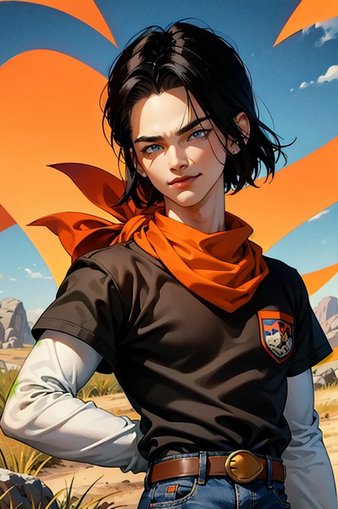 (8k, best quality, masterpiece:1.2),blue sky,rocky grassfields,1boy,android 17, (black shirt), orange bandana, jeans,brown belt,layered shirt,white sleeves,black hair, blue eyes, parted hair,red patch, short hair,upper body, evil smile, looking at viewer