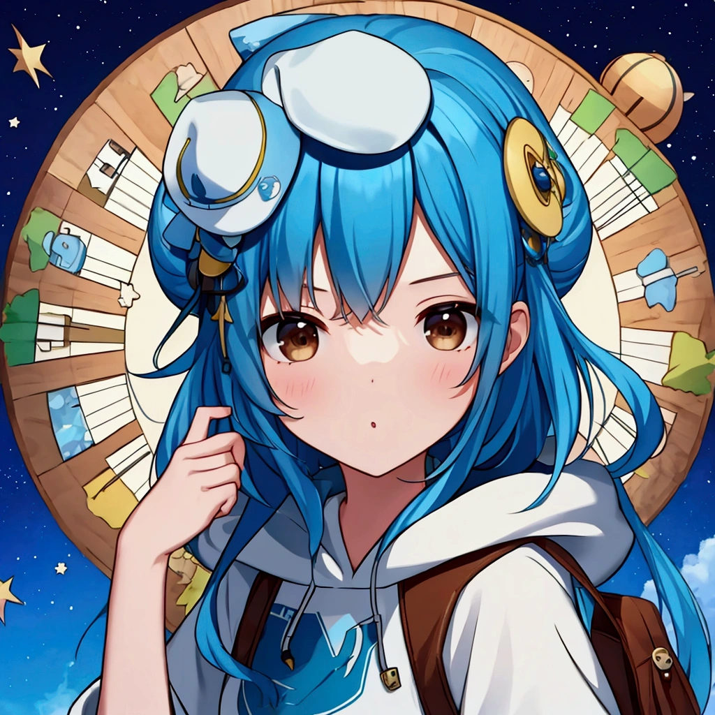 chibi, Earth design hat、Blue Hair、hoodie、Brown eyes、White background