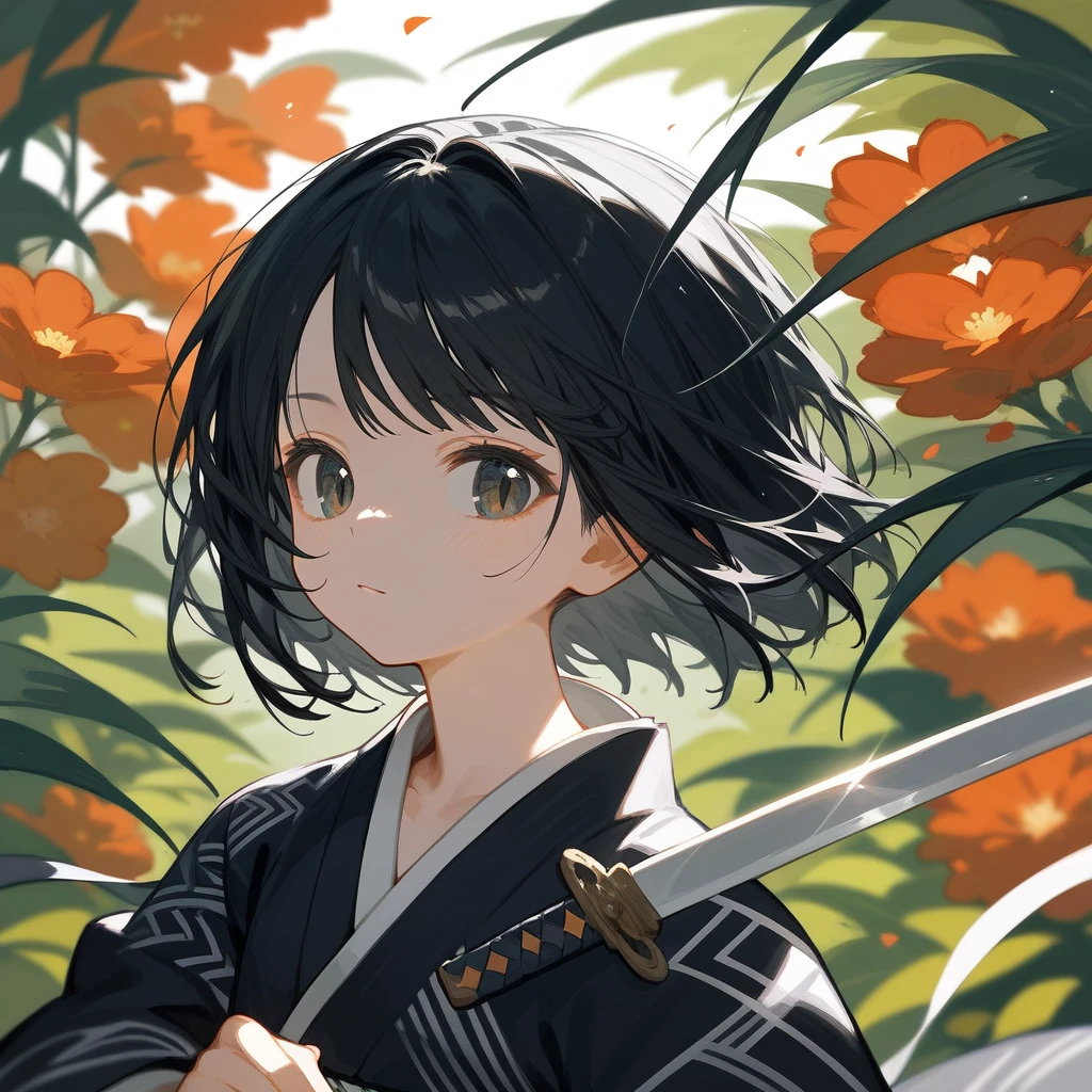 1 girl, Black Hair, iris, kimono, beautiful_face, Black snake motif, 蛇の鱗模様のkimono, Solo Illustration, short hair, 黒いkimono, Holding a sword, Upper Body, Close ~ eyes, 笑face, Flat Chest