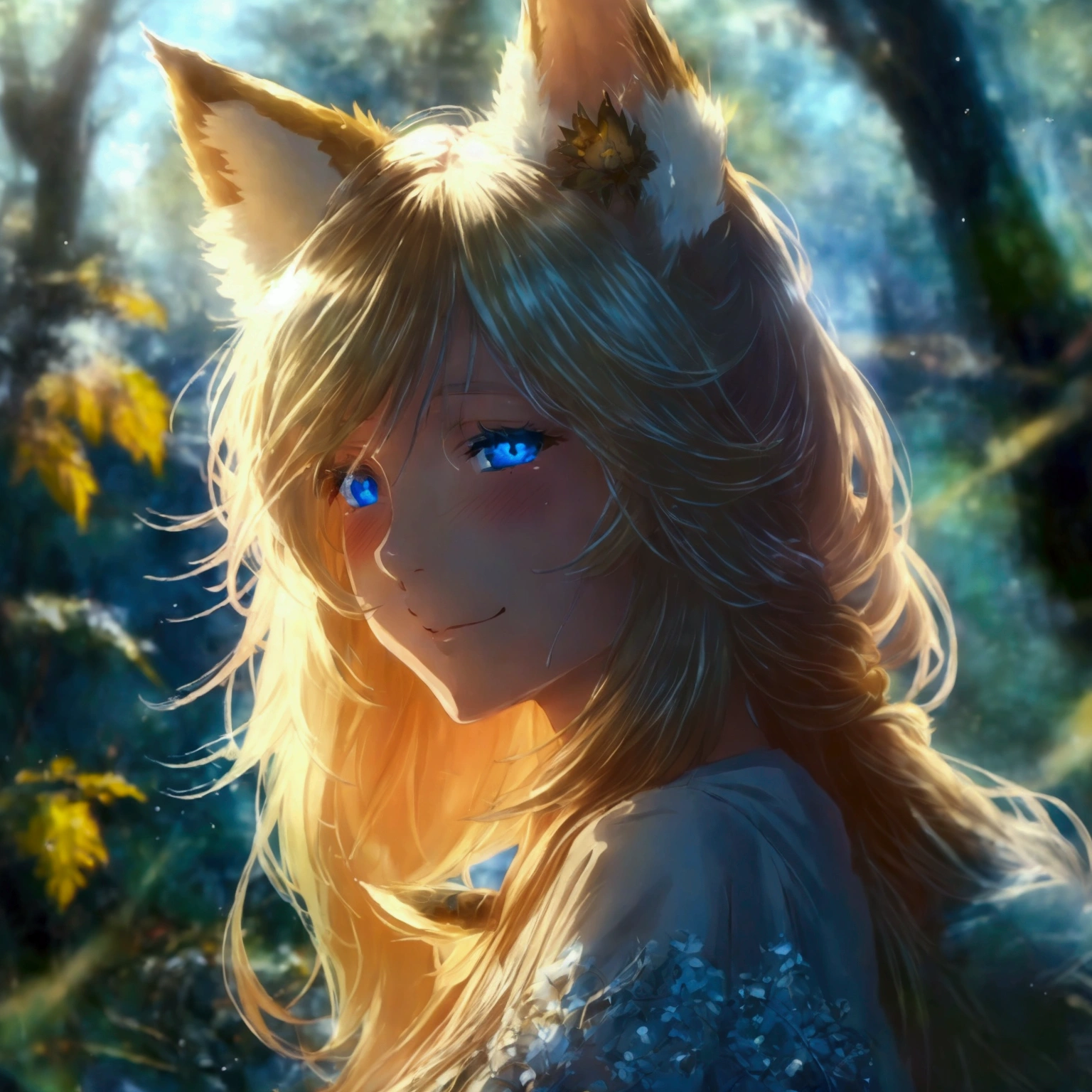 1 girl, Fox ears, big breasts, Blue eyes, Smile, heterochromia, bright pupils, the forest, long hair, blonde hair, Платье-Вишиванка by makoto shinkai:1.2