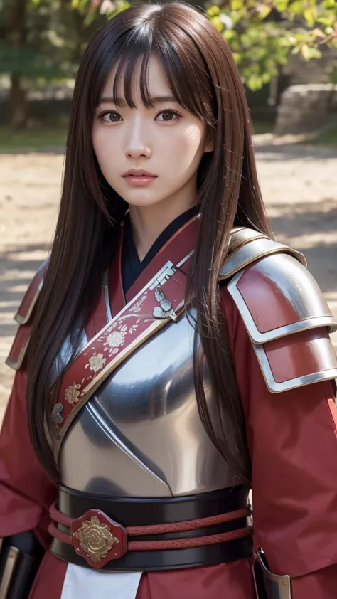 a beautiful japanese female warrior in red samurai armor, upper body portrait, pale skin, long brown hair, serious expression, h...