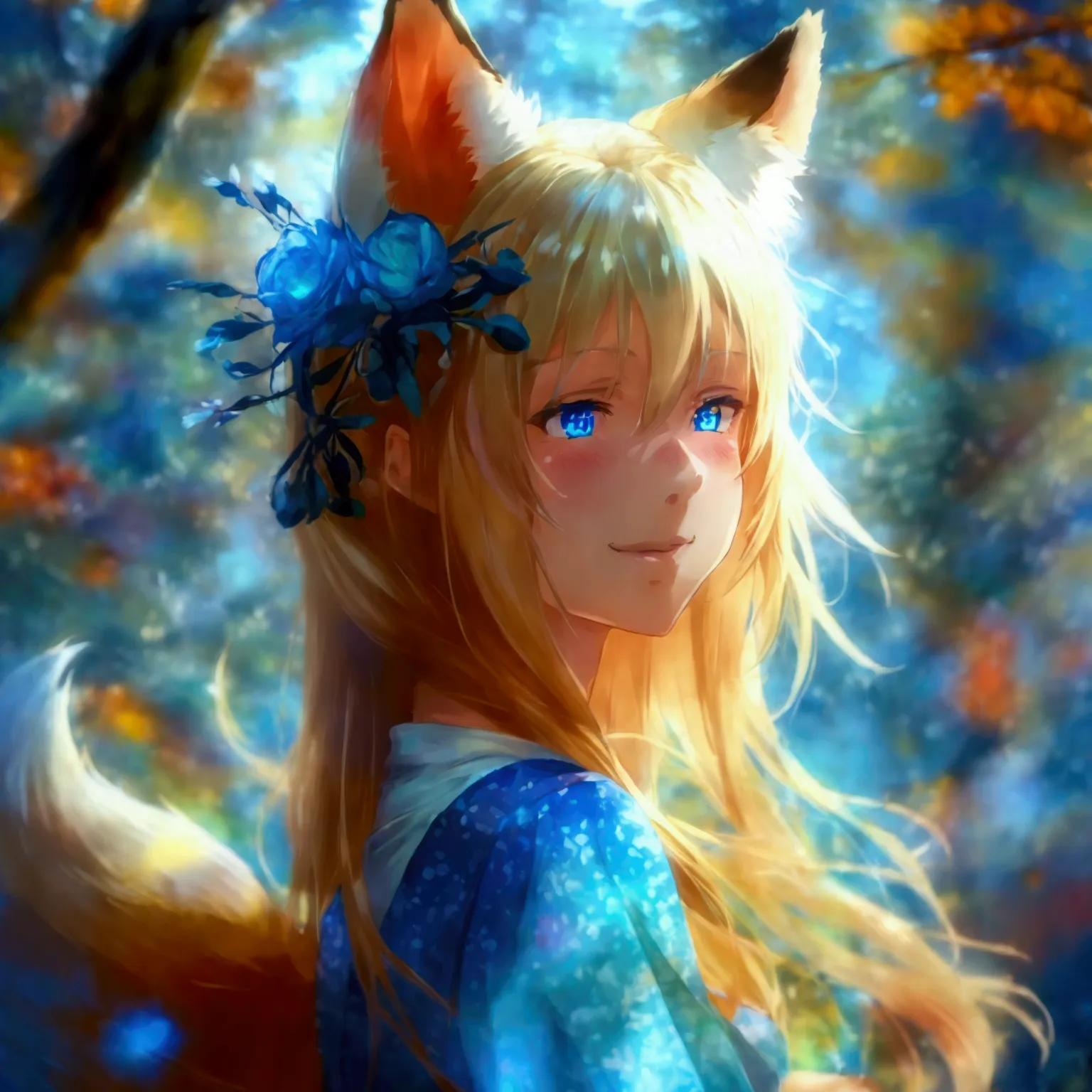 1 girl, fox ears, big breasts, blue eyes, smile, heterochromia, bright pupils, the forest, long hair, blonde hair, платье-вишива...