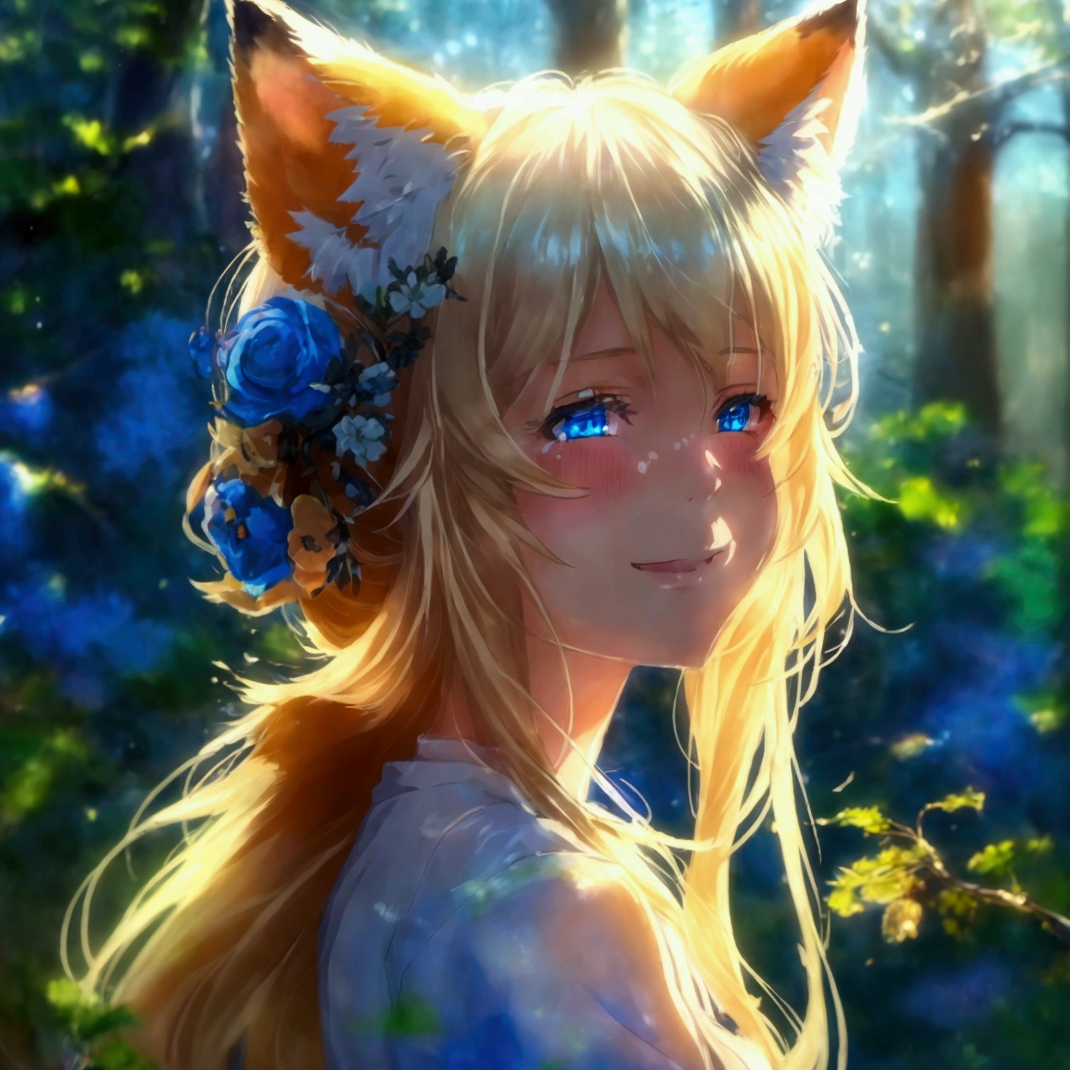 1 girl, Fox ears, big breasts, Blue eyes, Smile, heterochromia, bright pupils, the forest, long hair, blonde hair, Платье-Вишиванка by makoto shinkai:1.8