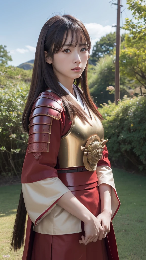 a beautiful japanese female samurai, full upper body portrait, wearing a red samurai armor, long brown hair, pale skin, serious expression, outdoors, hyper realistic, (best quality,4k,8k,highres,masterpiece:1.2),ultra-detailed,(realistic,photorealistic,photo-realistic:1.37),cinematic lighting,dramatic colors,intricate details