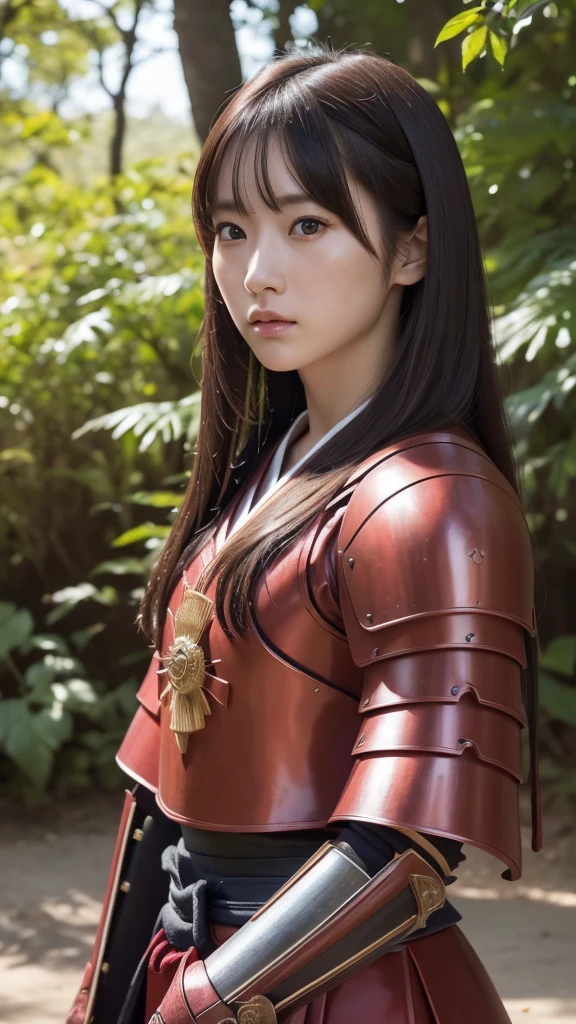 a beautiful japanese female samurai, full upper body portrait, wearing a red samurai armor, long brown hair, pale skin, serious expression, outdoors, hyper realistic, (best quality,4k,8k,highres,masterpiece:1.2),ultra-detailed,(realistic,photorealistic,photo-realistic:1.37),cinematic lighting,dramatic colors,intricate details