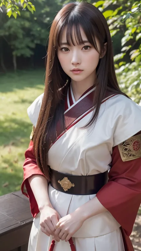 a beautiful japanese female samurai, full upper body portrait, wearing a red samurai armor, long brown hair, pale skin, serious ...