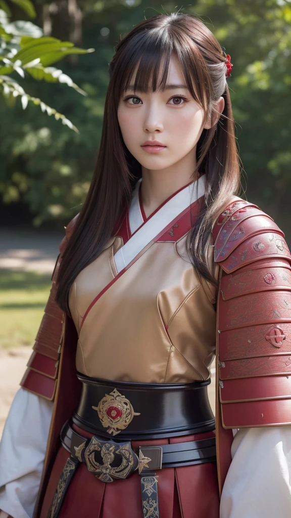 a beautiful japanese female samurai, full upper body portrait, wearing a red samurai armor, long brown hair, pale skin, serious expression, outdoors, hyper realistic, (best quality,4k,8k,highres,masterpiece:1.2),ultra-detailed,(realistic,photorealistic,photo-realistic:1.37),cinematic lighting,dramatic colors,intricate details