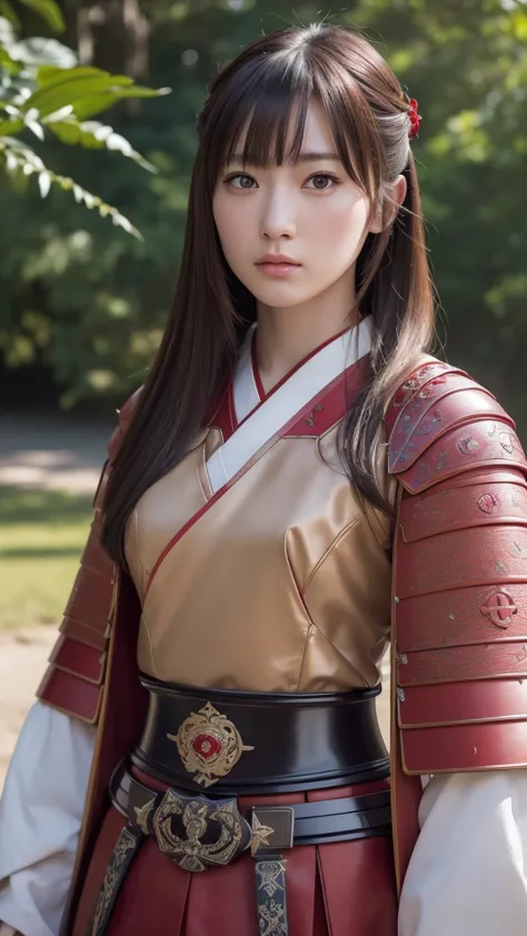 a beautiful japanese female samurai, full upper body portrait, wearing a red samurai armor, long brown hair, pale skin, serious ...