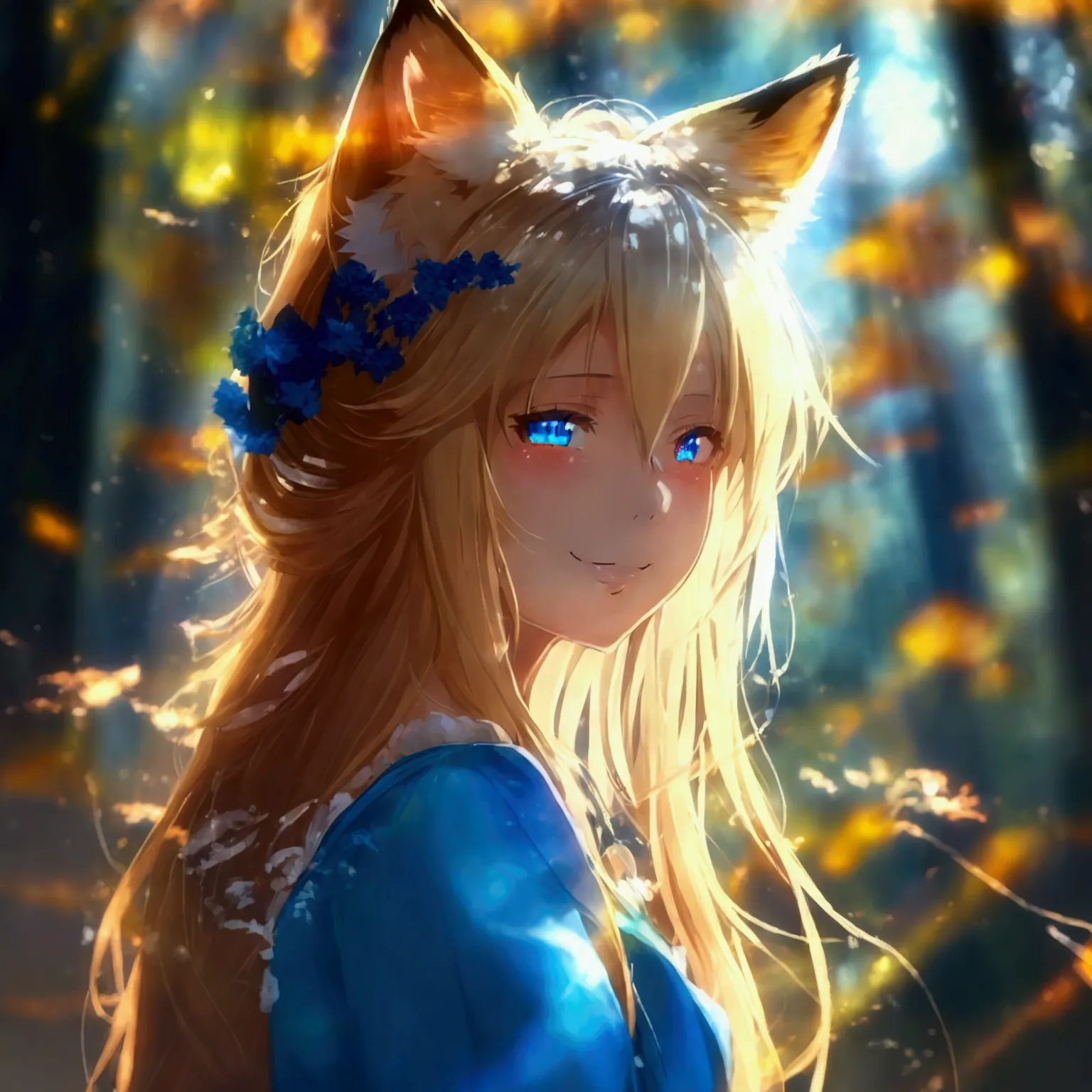 1 girl, fox ears, big breasts, blue eyes, smile, heterochromia, bright pupils, the forest, long hair, blonde hair, dress-vyshiva...