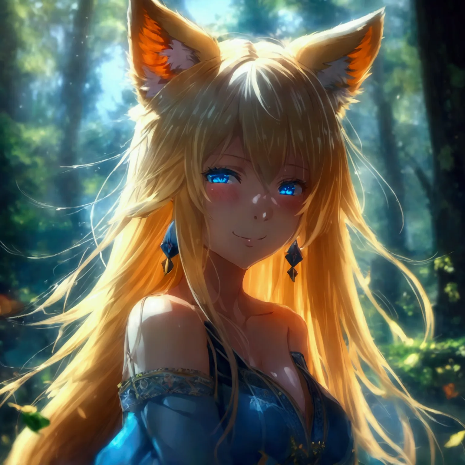 1 girl, fox ears, big breasts, blue eyes, smile, heterochromia, bright pupils, the forest, long hair, blonde hair, dress-vyshiva...