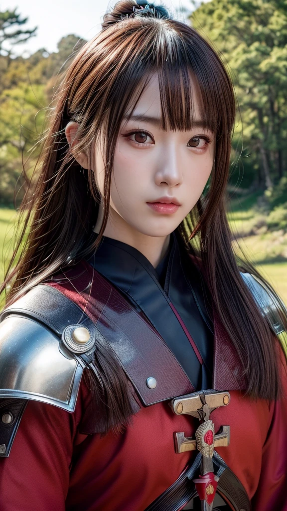 a beautiful japanese female samurai, full upper body portrait, wearing a red samurai armor, long brown hair, pale skin, serious expression, outdoors, hyper realistic, (best quality,4k,8k,highres,masterpiece:1.2),ultra-detailed,(realistic,photorealistic,photo-realistic:1.37),cinematic lighting,dramatic colors,intricate details