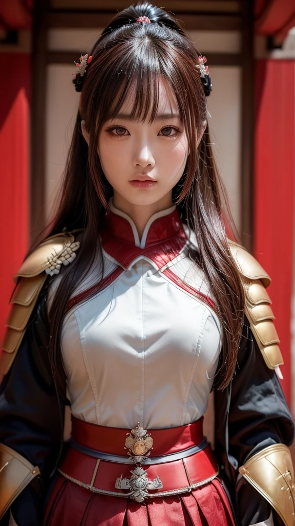 a beautiful japanese female samurai, full upper body portrait, wearing a red samurai armor, long brown hair, pale skin, serious expression, outdoors, hyper realistic, (best quality,4k,8k,highres,masterpiece:1.2),ultra-detailed,(realistic,photorealistic,photo-realistic:1.37),cinematic lighting,dramatic colors,intricate details