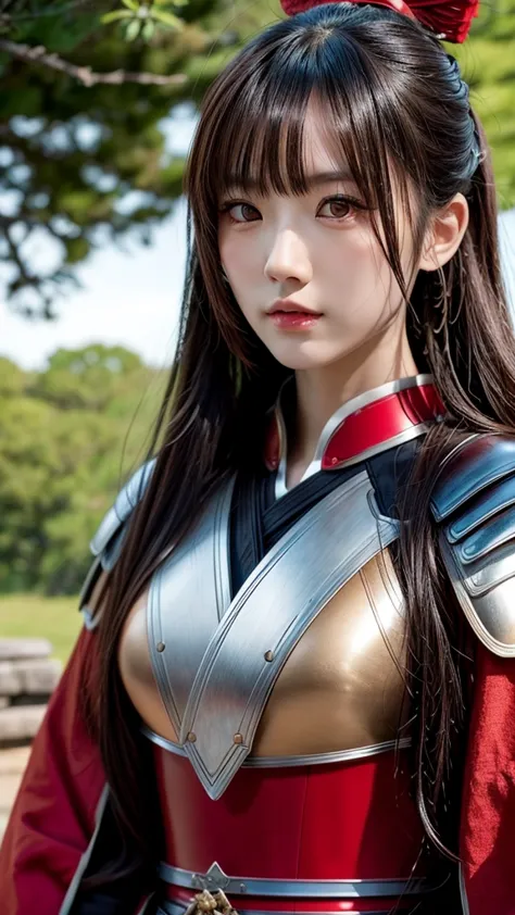 a beautiful japanese female warrior in red samurai armor, upper body portrait, pale skin, long brown hair, serious expression, h...