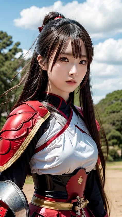 a beautiful japanese female warrior in red samurai armor, upper body portrait, pale skin, long brown hair, serious expression, h...