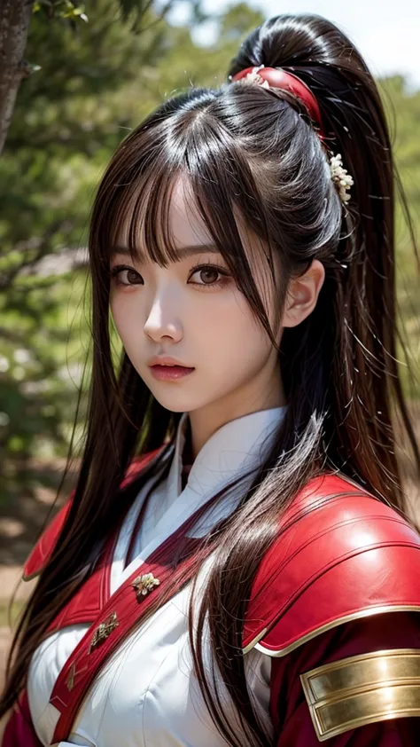 a beautiful japanese female warrior in red samurai armor, upper body portrait, pale skin, long brown hair, serious expression, h...