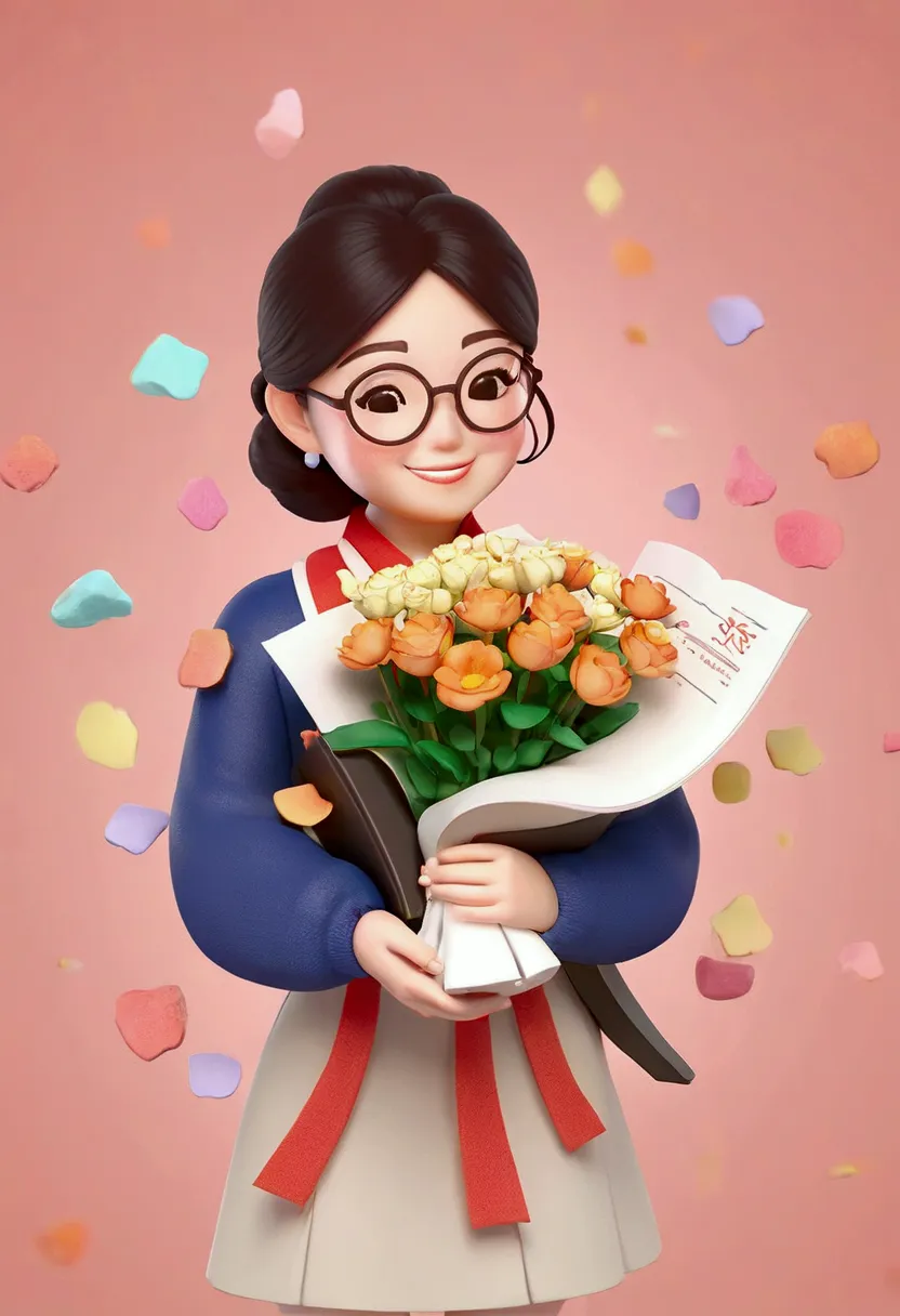 asian illustration, a 30 year old female teacher, holding a book and a bouquet of flowers in hand, glasses, smile, white backgro...