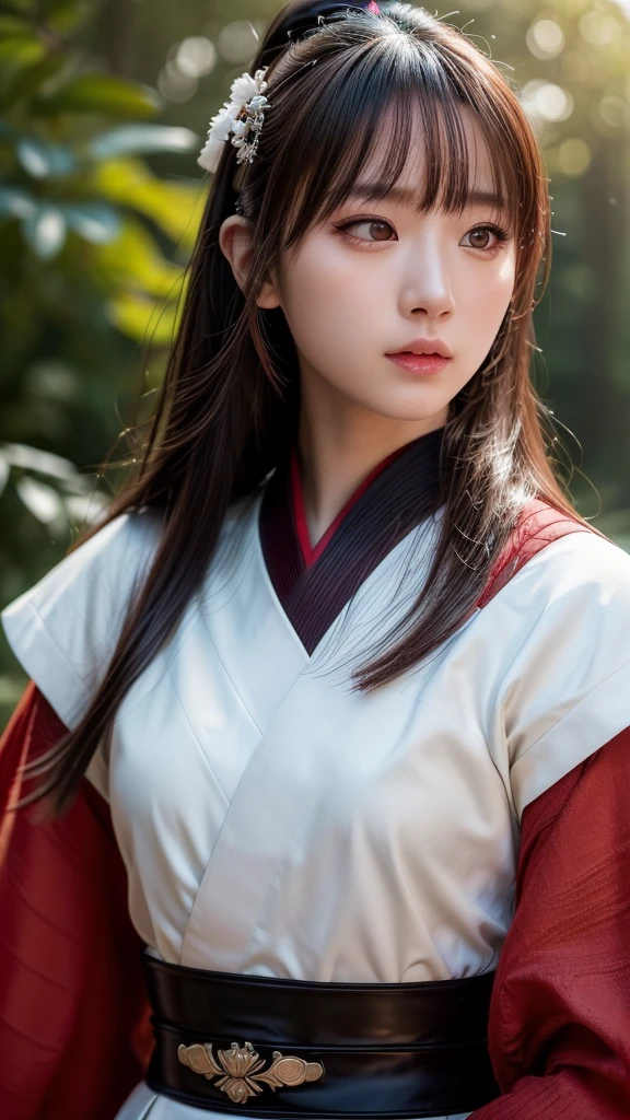 a beautiful japanese female samurai, full upper body portrait, wearing a red samurai armor, long brown hair, pale skin, serious expression, outdoors, hyper realistic, (best quality,4k,8k,highres,masterpiece:1.2),ultra-detailed,(realistic,photorealistic,photo-realistic:1.37),cinematic lighting,dramatic colors,intricate details