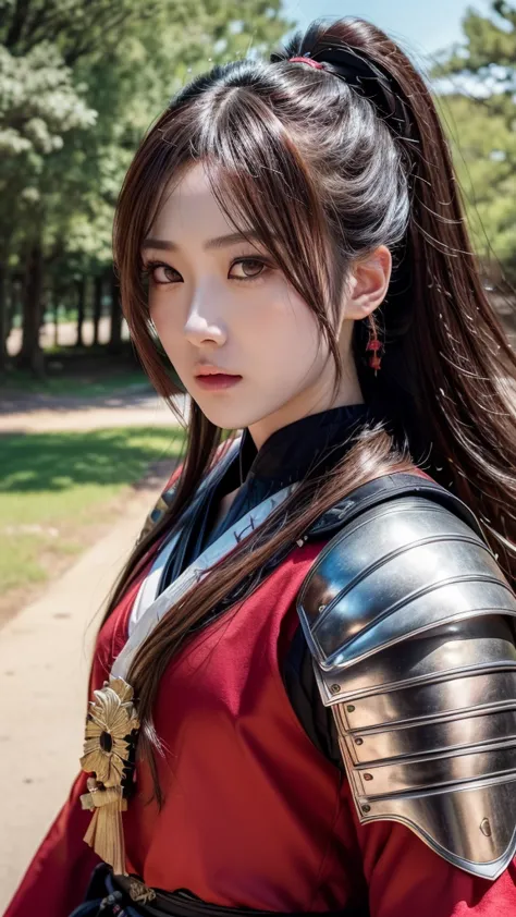 a beautiful japanese female samurai, full upper body portrait, wearing a red samurai armor, long brown hair, pale skin, serious ...