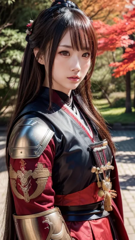 a beautiful japanese female samurai, full upper body portrait, wearing a red samurai armor, long brown hair, pale skin, serious ...