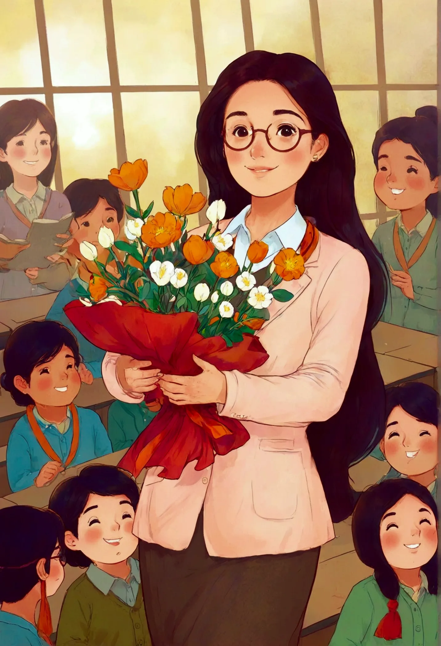 teacher's day illustration, a lovely teacher holding flowers, surrounded by a group of students, in a classroom