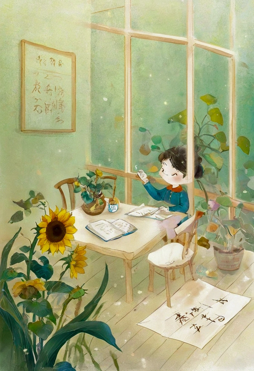 On the table was a vase，There are sunflowers in it，There is a photo frame next to the vase，There is a photo of a lady in the frame。There is also a greeting card on the table，It says &quot;Happy Teachers&#39; Day&quot;，Next to the greeting card lies an unopened envelope。