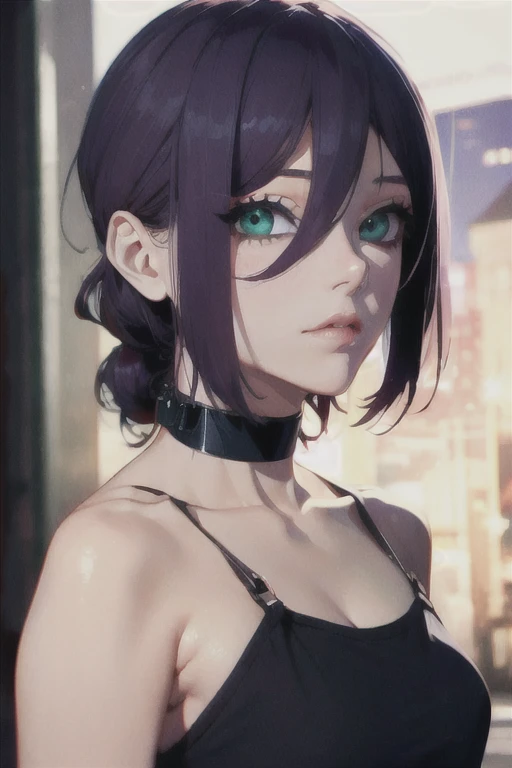 (Highest quality)、(Highest quality)、cut、Chainsaw Man、cute、(choker).eyes are emerald、Her hair is purple、Short Bob、Beautiful night view、whole body、detailed、強力なdetailed、cut、((jealousy)).