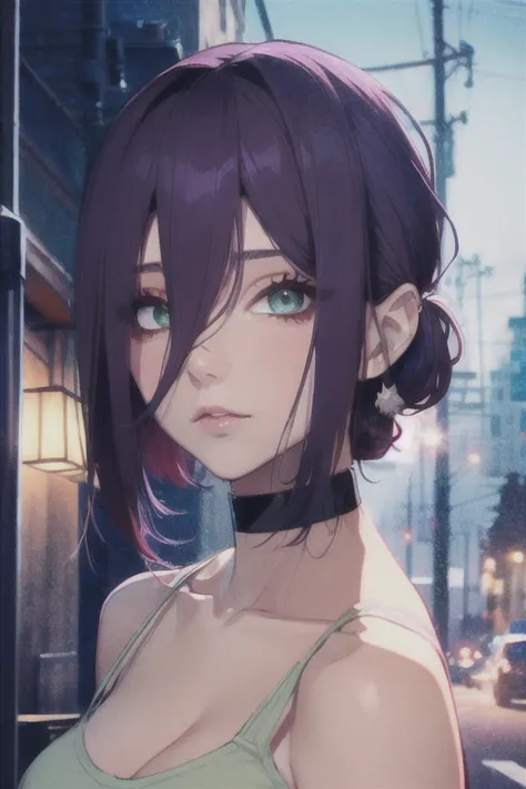 (highest quality)、(highest quality)、cut、chainsaw man、cute、(choker).eyes are emerald、her hair is purple、short bob、beautiful night...