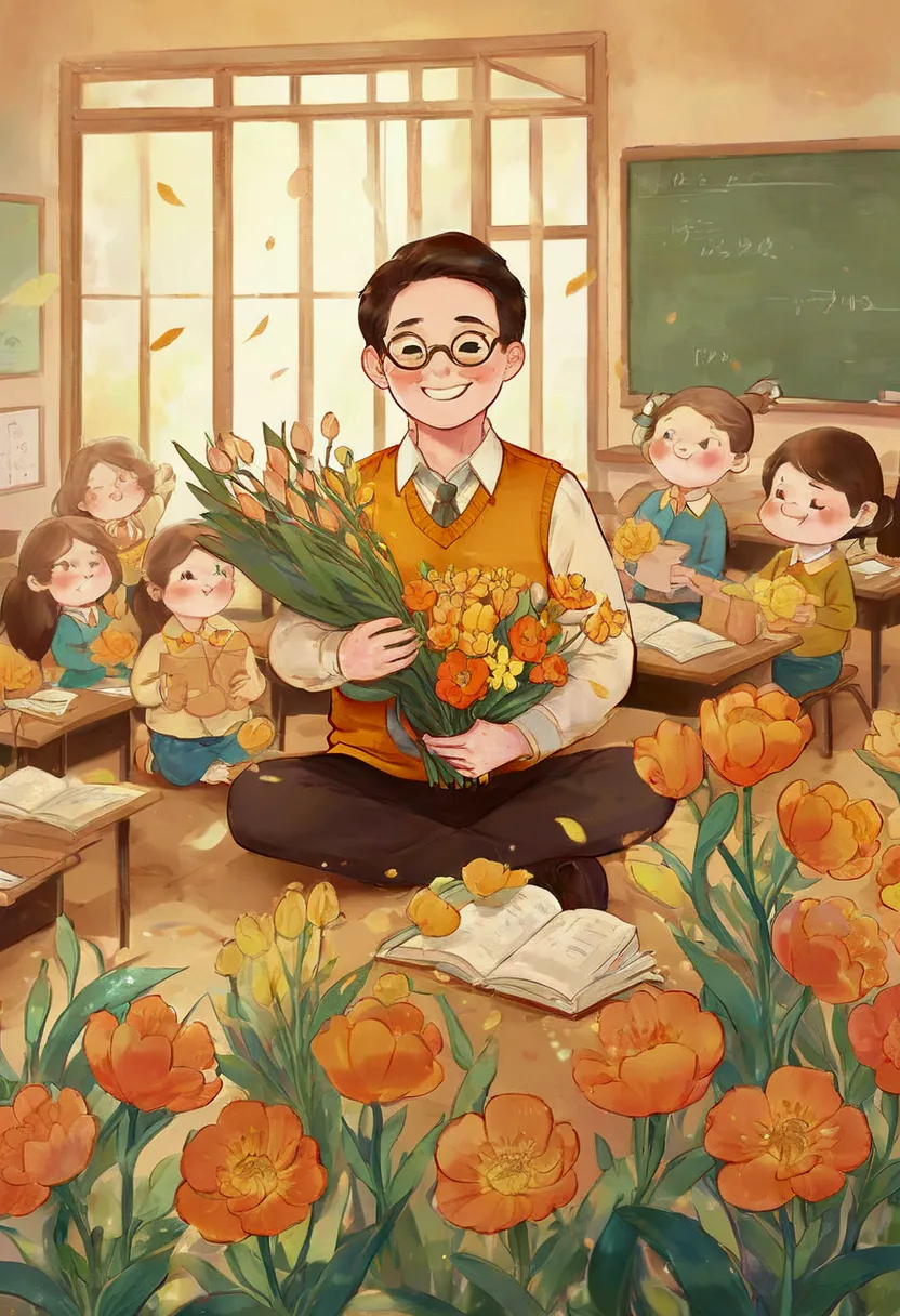 the classroom is filled with sunshine in the afternoon, a teacher wearing glasses happily holds flowers sent by students, warm t...