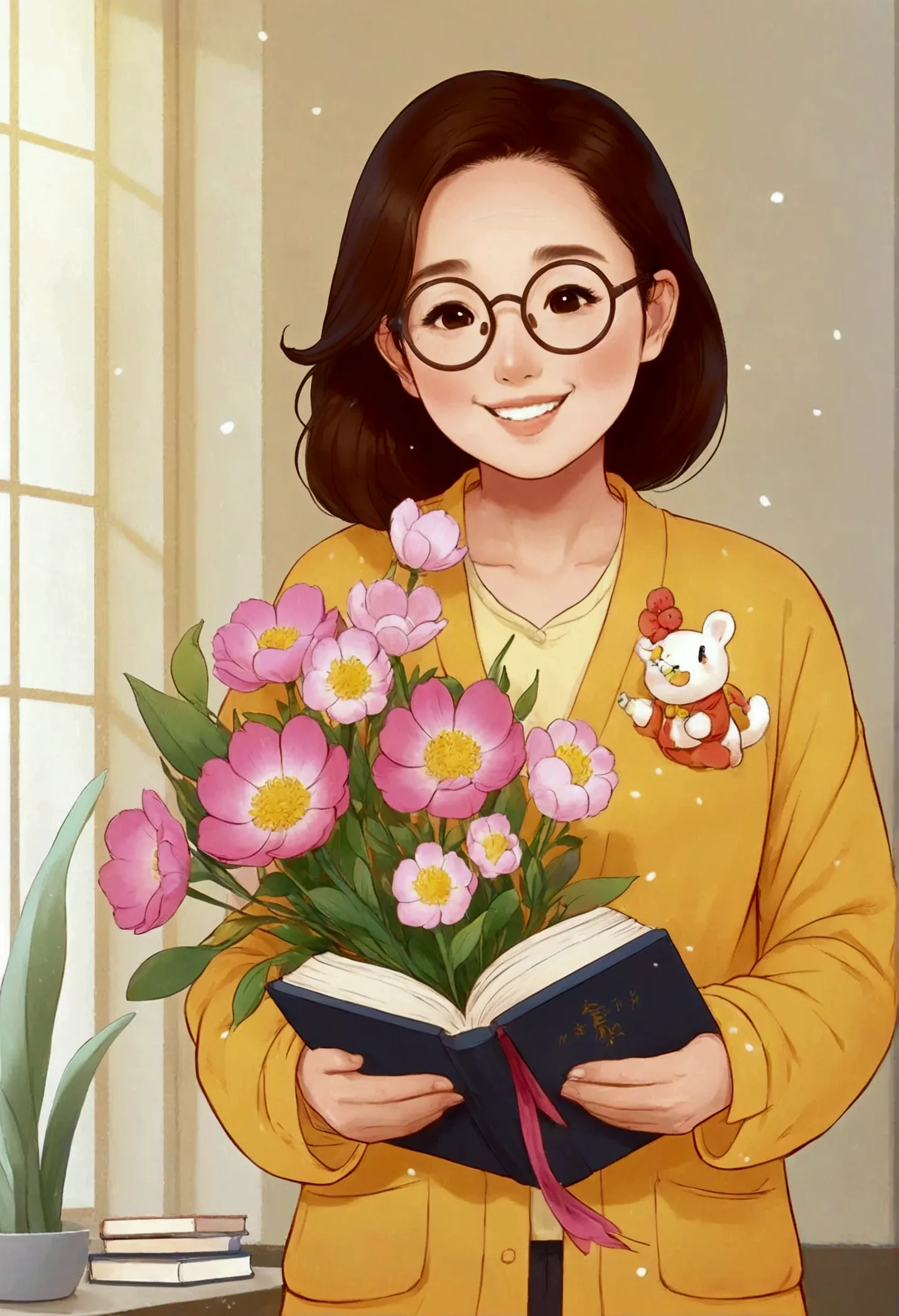 asian illustration, a 30 year old female teacher, holding a book and a bouquet of flowers in hand, glasses, smile, white backgro...