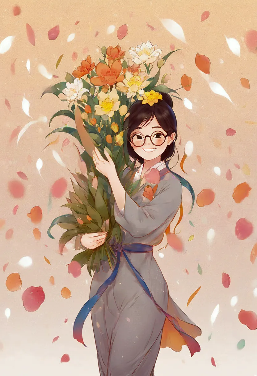 asian illustration, a 30 year old female teacher, holding a book and a bouquet of flowers in hand, glasses, smile, white backgro...