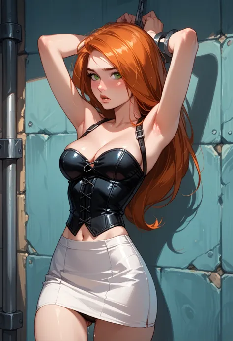 kim possible, detailed eyes, high detailing, narrow waist, 1girl, wearing (tight white skirt:1.2) and (cropped black corset:1.4)...