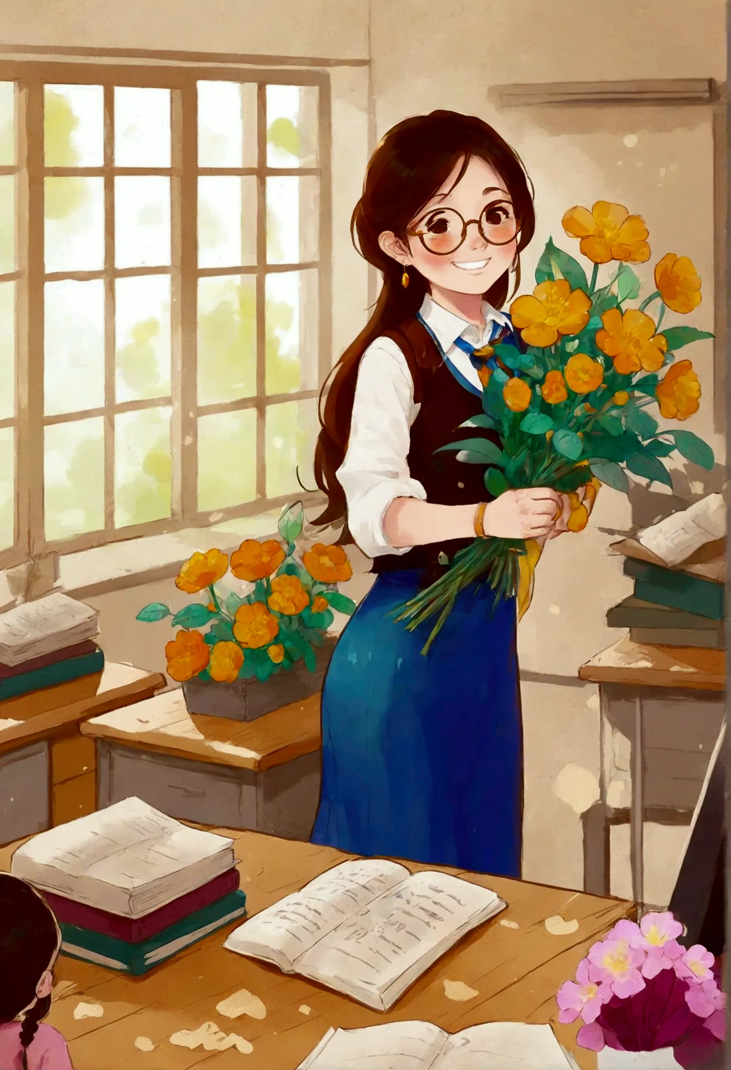 the classroom is filled with sunshine in the afternoon, a teacher wearing glasses happily holds flowers sent by students, warm t...