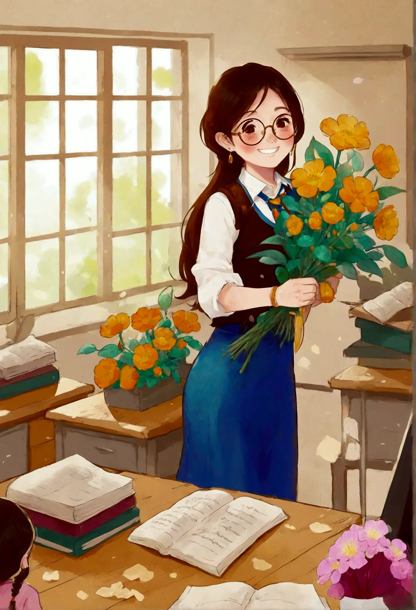 the classroom is filled with sunshine in the afternoon, a teacher wearing glasses happily holds flowers sent by students, warm t...