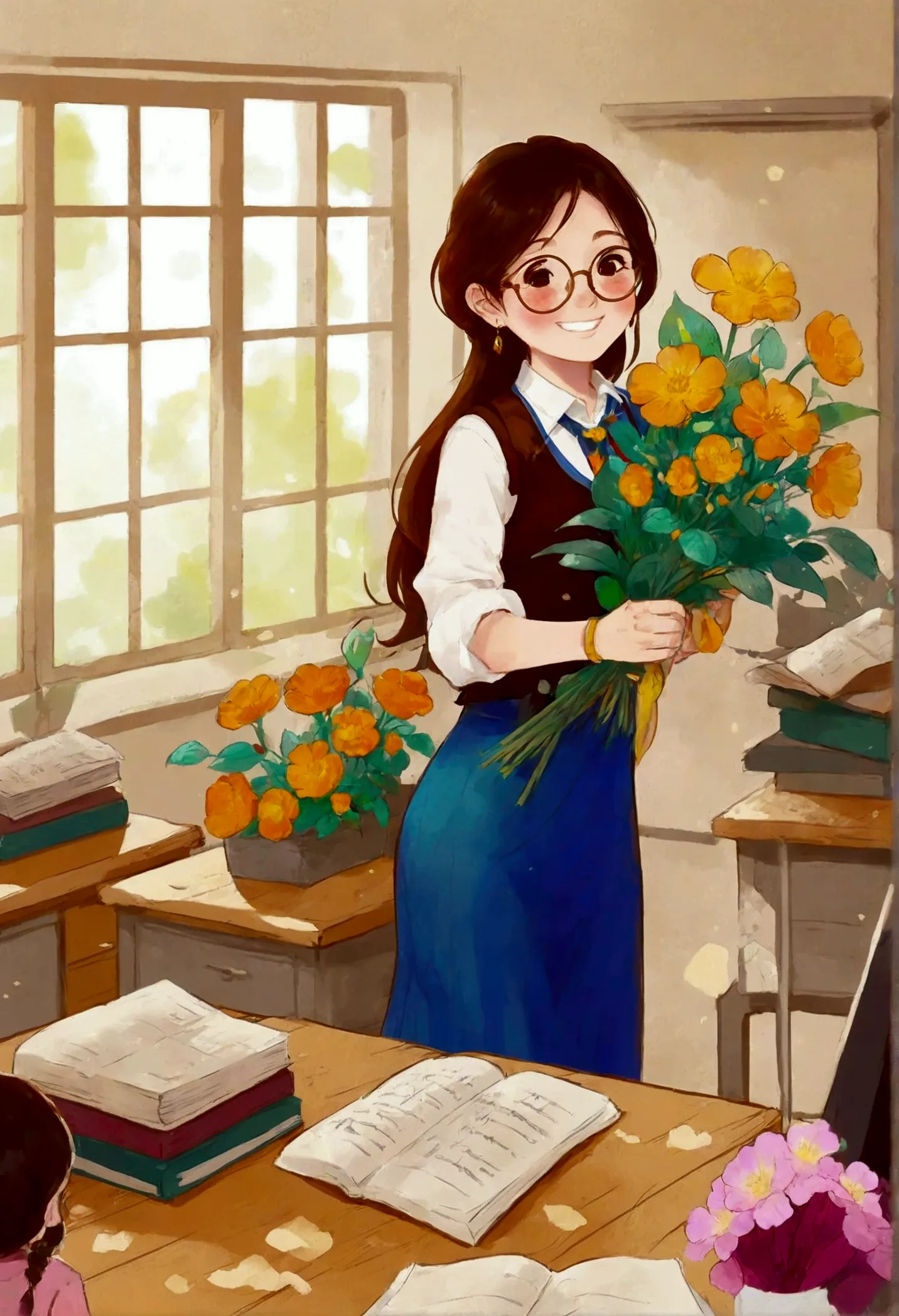 the classroom is filled with sunshine in the afternoon, a teacher wearing glasses happily holds flowers sent by students, warm t...