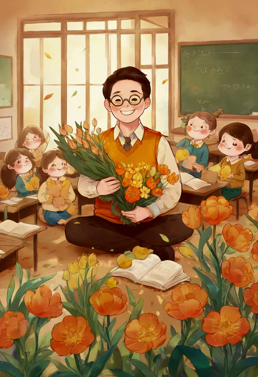 the classroom is filled with sunshine in the afternoon, a teacher wearing glasses happily holds flowers sent by students, warm t...