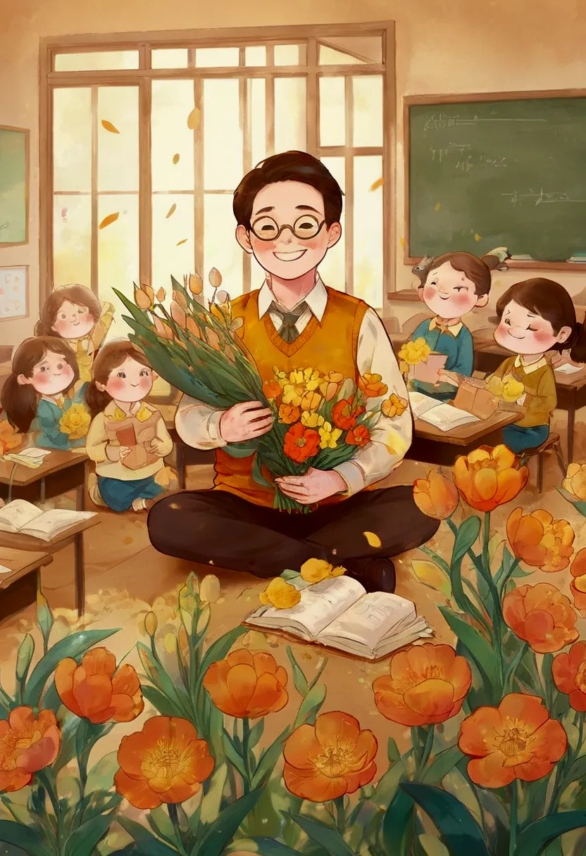 the classroom is filled with sunshine in the afternoon, a teacher wearing glasses happily holds flowers sent by students, warm t...