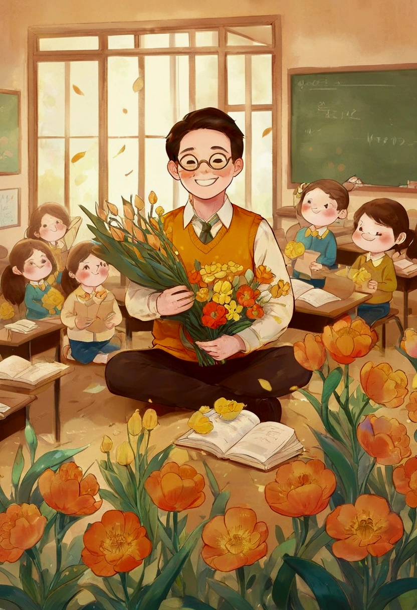 The classroom is filled with sunshine in the afternoon, A teacher wearing glasses happily holds flowers sent by students, warm tone, teacher's character design