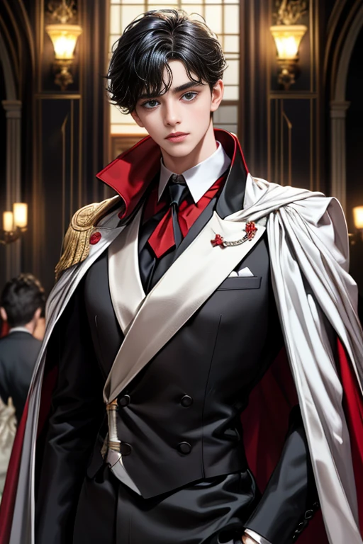 masterpiece, 最high quality, high quality, 1 boy, alone, Male focus, Upper Body,Watching the audience, Messy black hair, Adorable big blue eyes, White, Noble, Noble,A black and red cape that is bursting with sexy volume、Tuxedo、A very voluminous, large, very large, very large, long, long red and black cape with a high stand-up collar, made of a lot of fabric that reaches down to the floor., ,cute beautiful,Cute, cute, kind, handsome guy