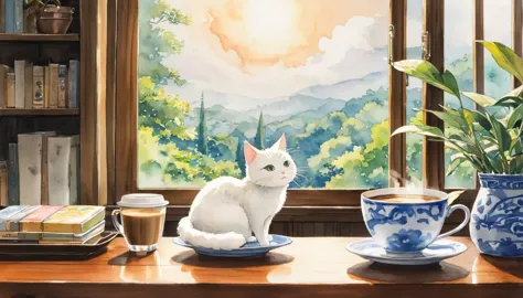 in the warm living room, a small white cat resembling totoro sleeps in the room. zoom in on a cup of coffee on the table. waterc...