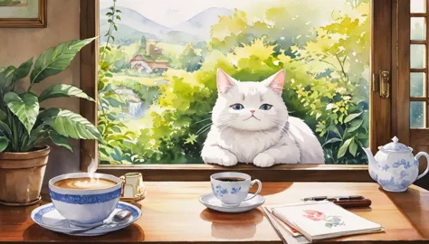 in the warm living room, a small white cat resembling totoro sleeps in the room. zoom in on a cup of coffee on the table. waterc...