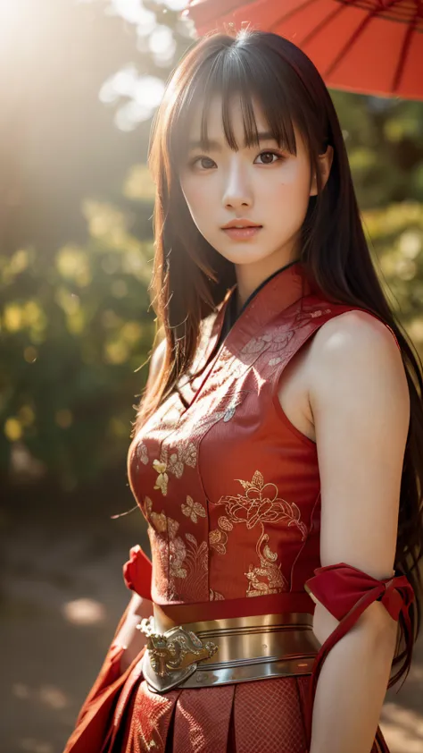 a beautiful japanese female samurai, full upper body portrait, wearing a red samurai armor, long brown hair, pale skin, serious ...