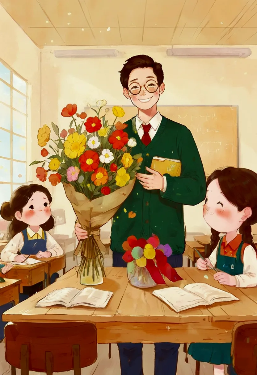 the classroom is filled with sunshine in the afternoon, a teacher wearing glasses happily holds flowers sent by students, warm t...