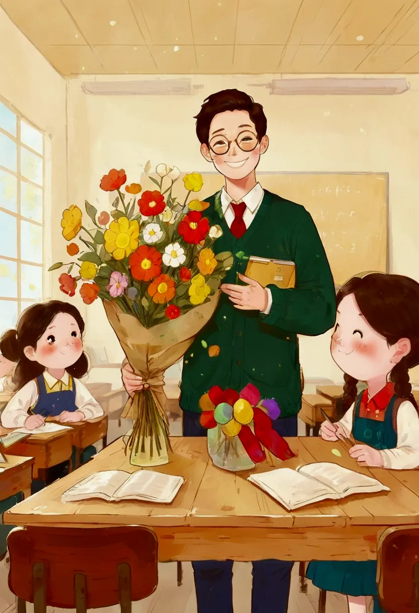 the classroom is filled with sunshine in the afternoon, a teacher wearing glasses happily holds flowers sent by students, warm t...