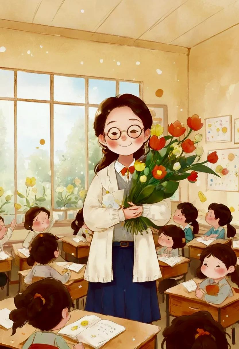 the classroom is filled with sunshine in the afternoon, a teacher wearing glasses happily holds flowers sent by students, warm t...