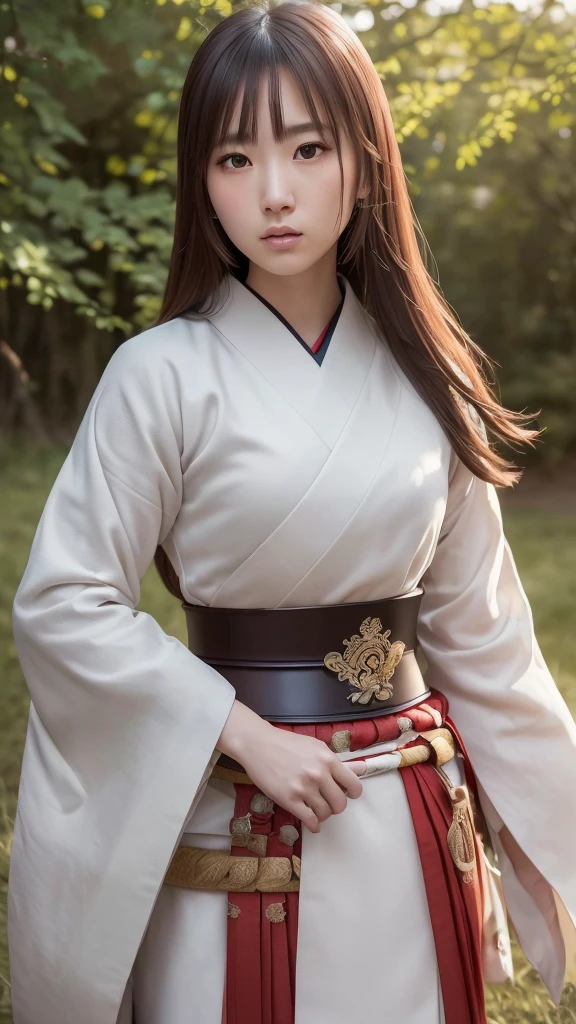 a beautiful japanese female samurai, full upper body portrait, wearing a red samurai armor, long brown hair, pale skin, serious expression, outdoors, hyper realistic, (best quality,4k,8k,highres,masterpiece:1.2),ultra-detailed,(realistic,photorealistic,photo-realistic:1.37),cinematic lighting,dramatic colors,intricate details