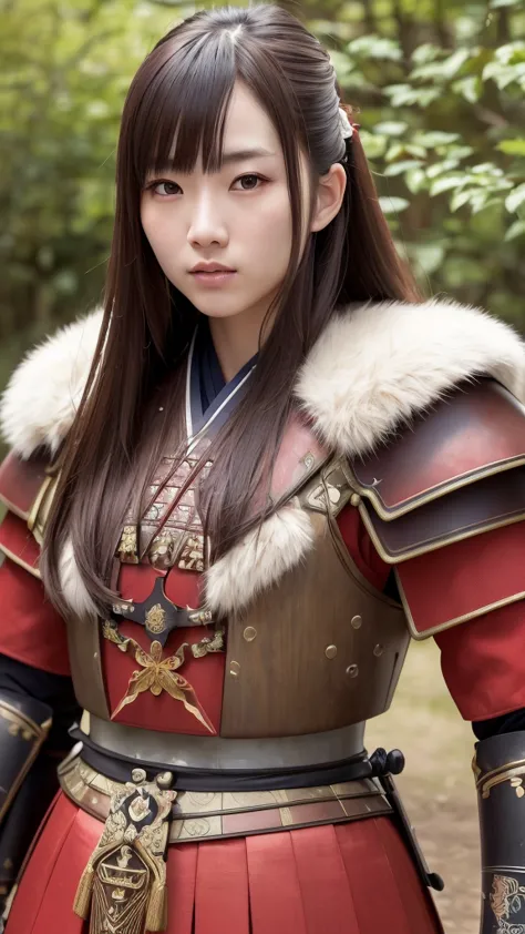 a beautiful japanese female samurai, full upper body portrait, wearing a red samurai armor, long brown hair, pale skin, serious ...