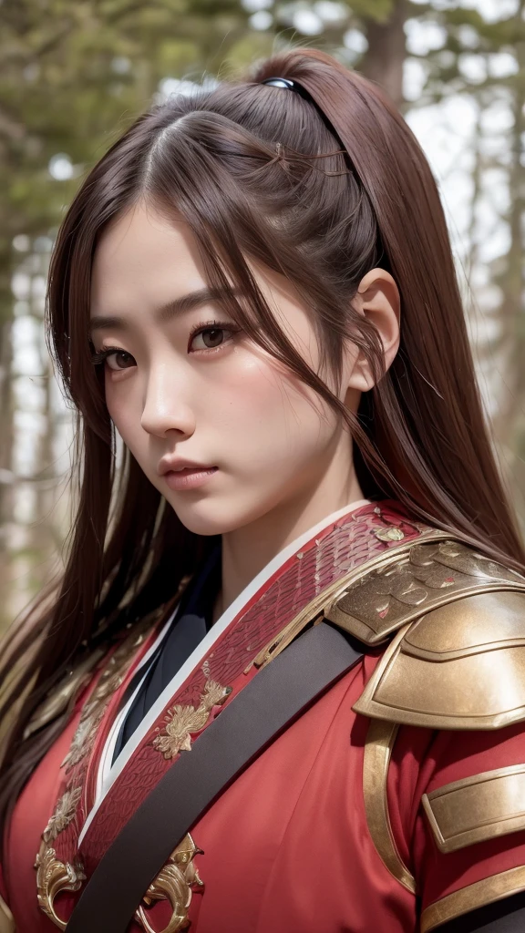 a beautiful japanese female samurai, full upper body portrait, wearing a red samurai armor, long brown hair, pale skin, serious expression, outdoors, hyper realistic, (best quality,4k,8k,highres,masterpiece:1.2),ultra-detailed,(realistic,photorealistic,photo-realistic:1.37),cinematic lighting,dramatic colors,intricate details